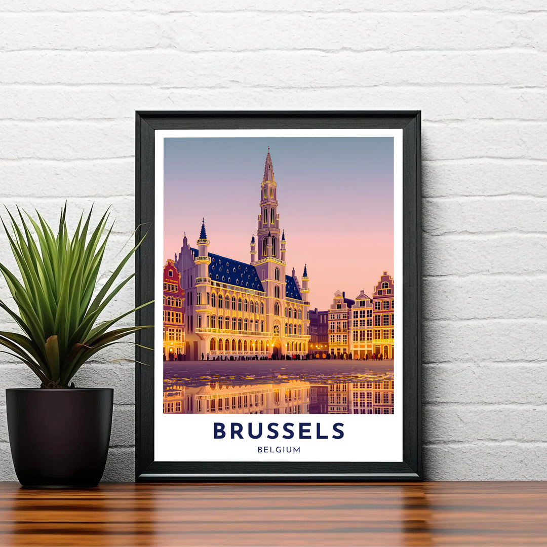 Refined twilight cityscape poster showing the iconic spire rising against a soft purple and pink sky in Brussels, Belgium. Choose your preferred finish from standalone unframed matte paper, custom decorative frames, or ready-to-hang gallery canvas options.