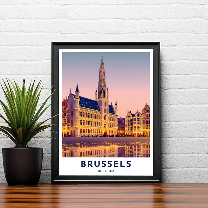 Refined twilight cityscape poster showing the iconic spire rising against a soft purple and pink sky in Brussels, Belgium. Choose your preferred finish from standalone unframed matte paper, custom decorative frames, or ready-to-hang gallery canvas options.
