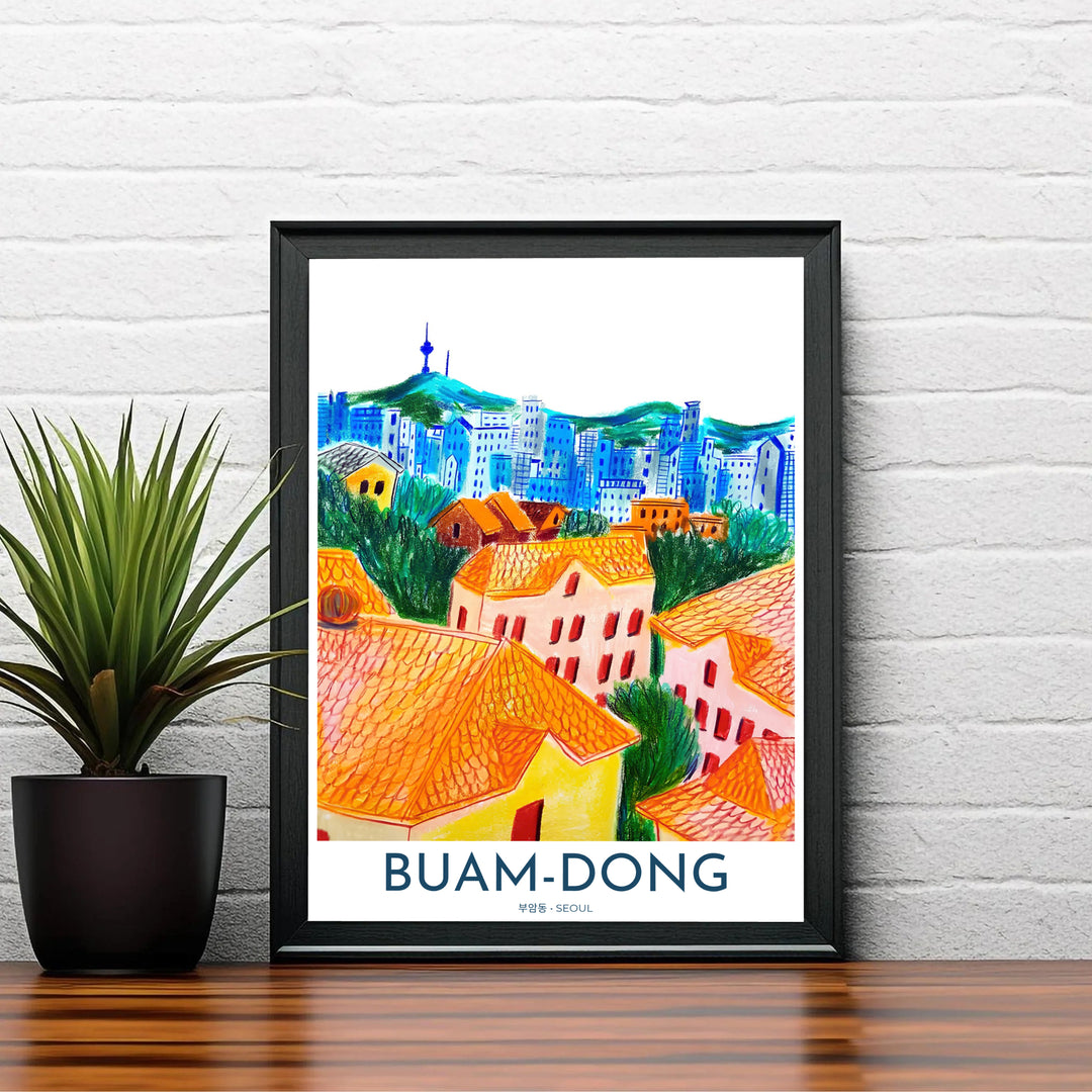 Unique artistic print of Buam-dong in Seoul featuring expressive wax pencil shading across warm roofs, emerald foliage, and blue city buildings underneath N Seoul Tower. Offered by MapYourDreams, this artwork is available in flexible options including unframed paper, custom wooden frames, and gallery canvas wraps.