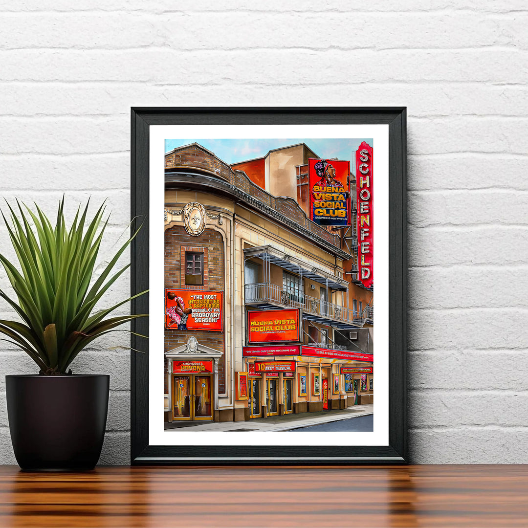 Artistic Broadway theater poster capturing the architectural elegance and musical stage energy of the Gerald Schoenfeld Theatre in Manhattan, available from MapYourDreams with catalog choices for an unframed archival poster, a stretched gallery canvas print, or a custom framed wall display.