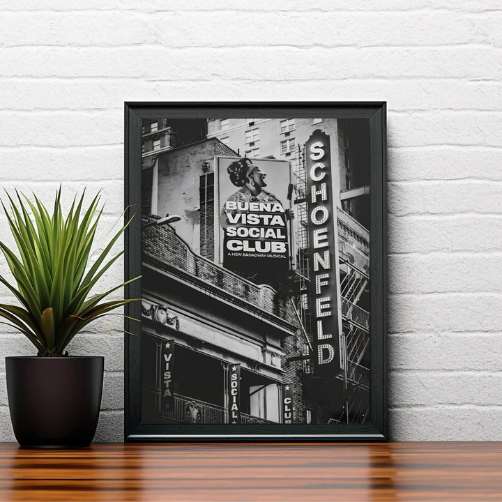 Artistic black and white Broadway theater poster capturing the architectural detail and musical stage history of the Gerald Schoenfeld Theatre in Manhattan, available from MapYourDreams with catalog choices for an unframed archival poster, a stretched gallery canvas print, or a custom framed wall display.