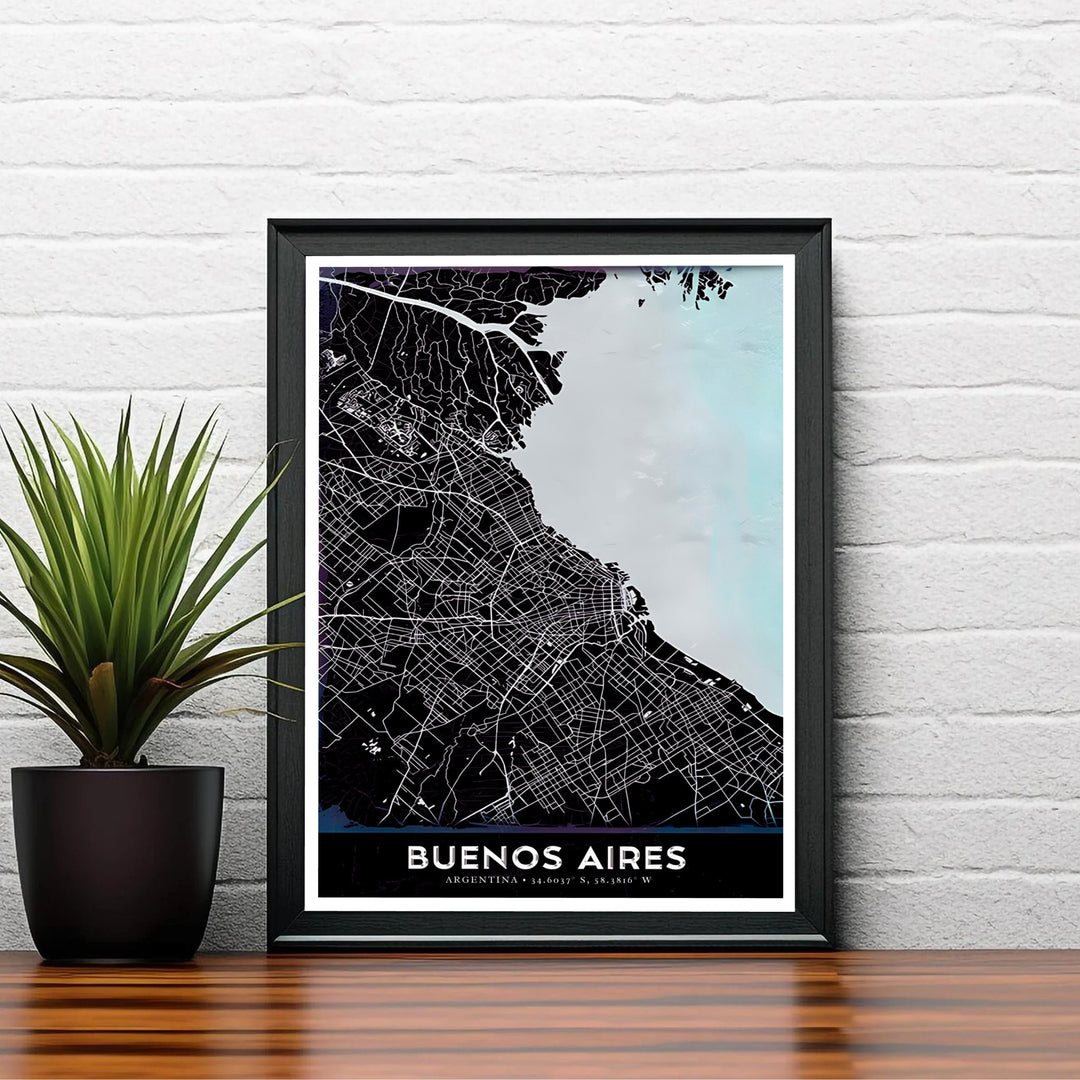 Minimalist city map poster of Buenos Aires with elegant serif typography and coordinates along the bottom margin. Curated by MapYourDreams, this wall piece offers customizable choices such as archival paper prints, real wood frames, or canvas wraps.