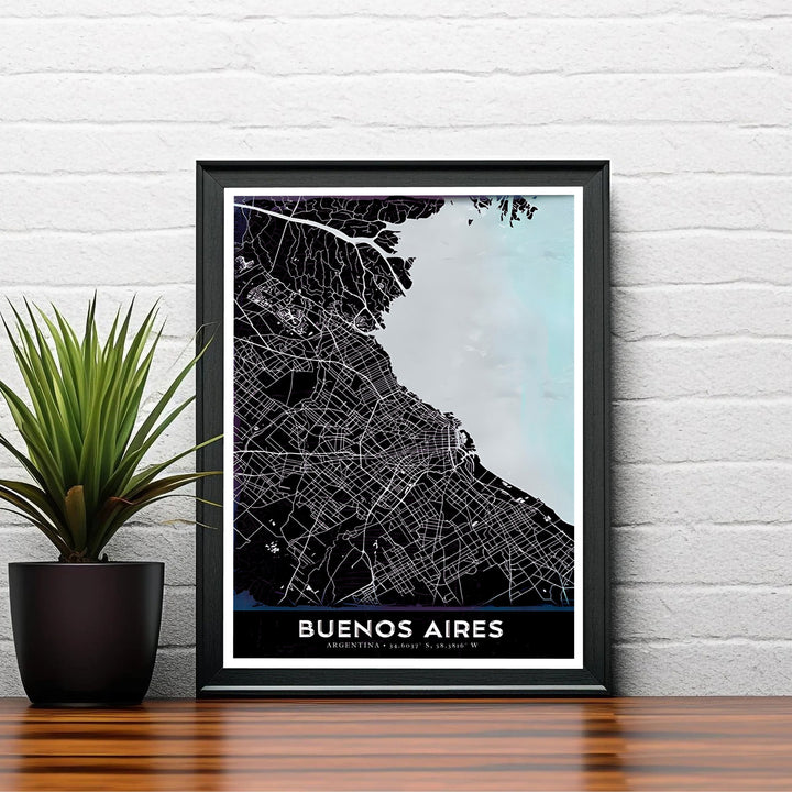 Minimalist city map poster of Buenos Aires with elegant serif typography and coordinates along the bottom margin. Curated by MapYourDreams, this wall piece offers customizable choices such as archival paper prints, real wood frames, or canvas wraps.