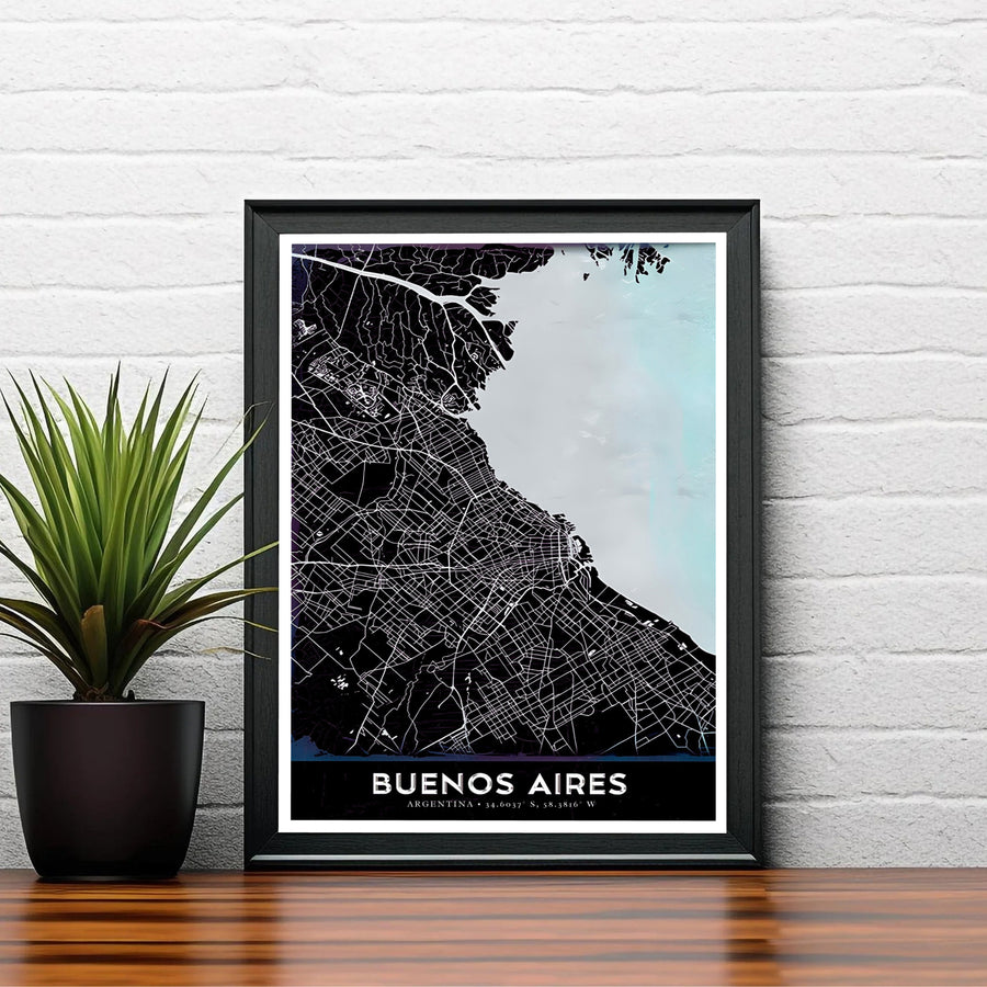 Minimalist city map poster of Buenos Aires with elegant serif typography and coordinates along the bottom margin. Curated by MapYourDreams, this wall piece offers customizable choices such as archival paper prints, real wood frames, or canvas wraps.