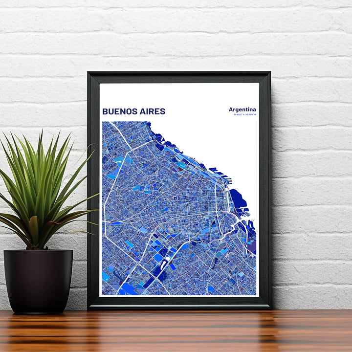 High contrast street map graphic of Buenos Aires featuring white grid lines over cobalt blue and navy geometric land blocks. A signature piece from MapYourDreams, this artwork comes ready for display as unframed paper, framed art, or stretched canvas.