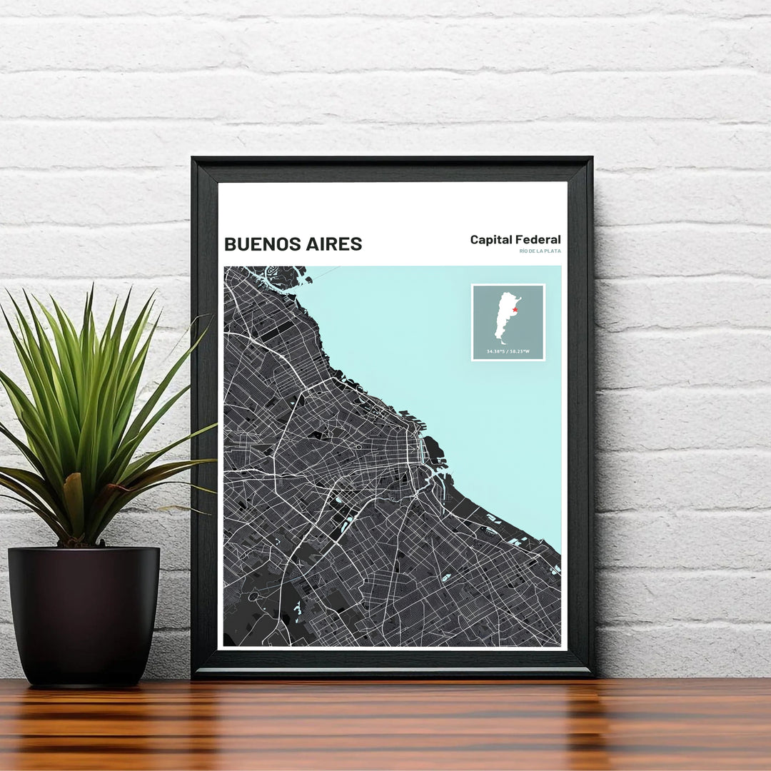 Detailed urban map of Buenos Aires capturing neighborhood blocks and coastal geography for executive office decor. Brought to you by MapYourDreams, this item can be ordered on archival paper, in custom wooden frames, or wrapped on canvas.