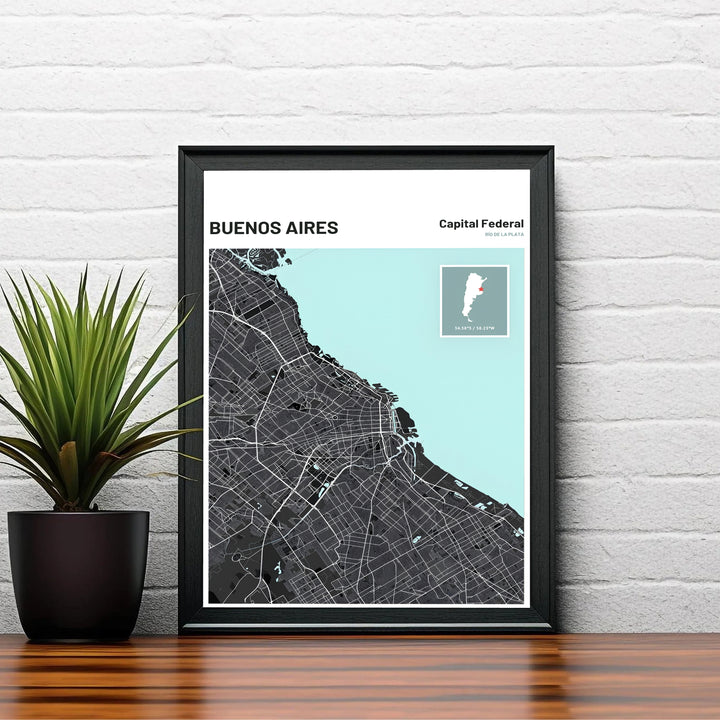 Detailed urban map of Buenos Aires capturing neighborhood blocks and coastal geography for executive office decor. Brought to you by MapYourDreams, this item can be ordered on archival paper, in custom wooden frames, or wrapped on canvas.