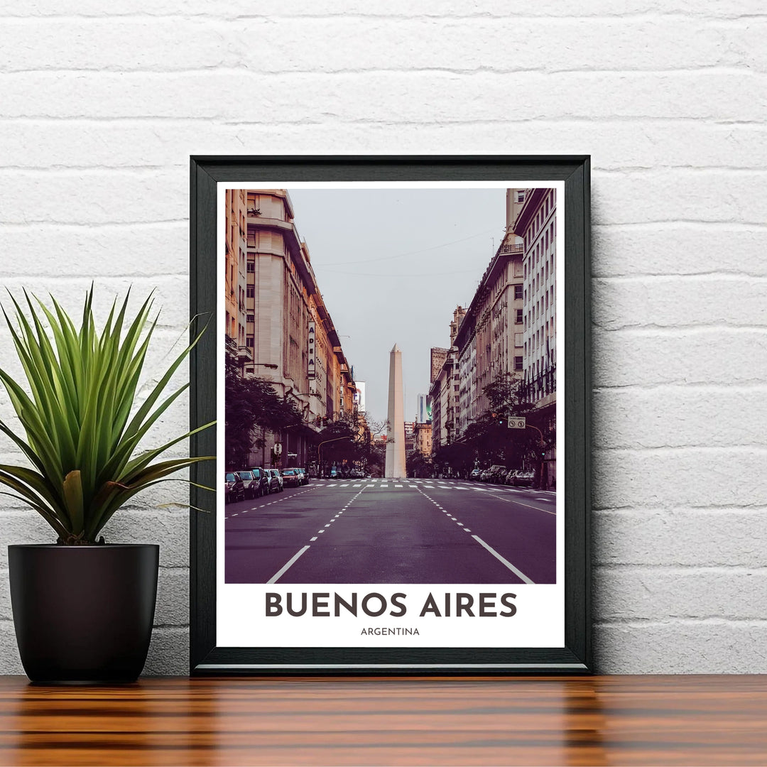 Moody sepia streetscape print of central Buenos Aires showing historic building facades flanking the open avenue toward the monument. A signature piece from MapYourDreams, this artwork comes ready for display as unframed paper, framed art, or stretched canvas.