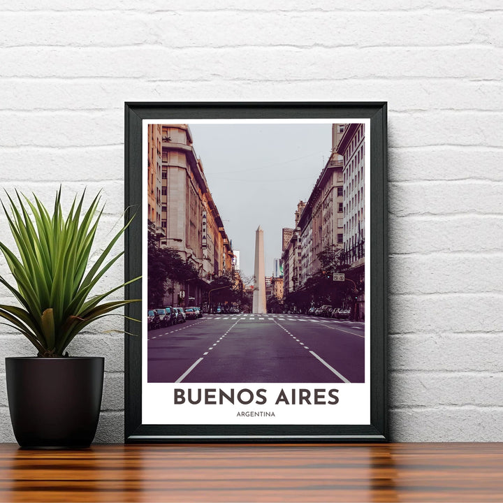 Moody sepia streetscape print of central Buenos Aires showing historic building facades flanking the open avenue toward the monument. A signature piece from MapYourDreams, this artwork comes ready for display as unframed paper, framed art, or stretched canvas.