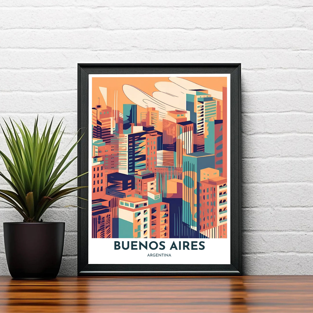 Detailed urban panorama poster representing the architectural beauty of Buenos Aires in a mid-century retro palette. Brought to you by MapYourDreams, this item can be ordered on archival paper, in custom wooden frames, or wrapped on canvas.