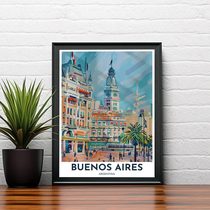 Painterly cityscape print of Buenos Aires highlighting swirled blue sky textures, warm ochre buildings, and street traffic. A signature piece from MapYourDreams, this artwork comes ready for display as unframed paper, framed art, or stretched canvas.