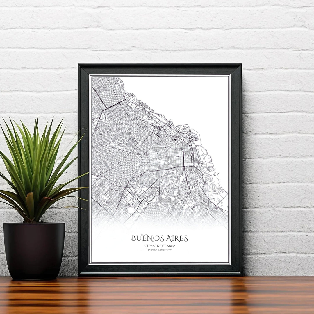 Detailed monochrome street layout poster representing the geographic grid and road connections of central Buenos Aires. Brought to you by MapYourDreams, this item can be ordered on archival paper, in custom wooden frames, or wrapped on canvas.