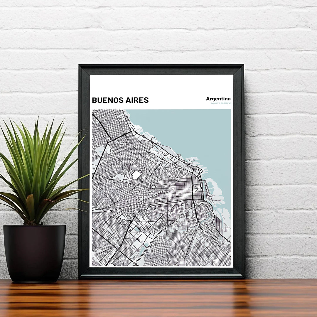 Detailed minimalist street layout poster representing the geographic grid and coastal boundaries of Buenos Aires. Brought to you by MapYourDreams, this item can be ordered on archival paper, in custom wooden frames, or wrapped on canvas.