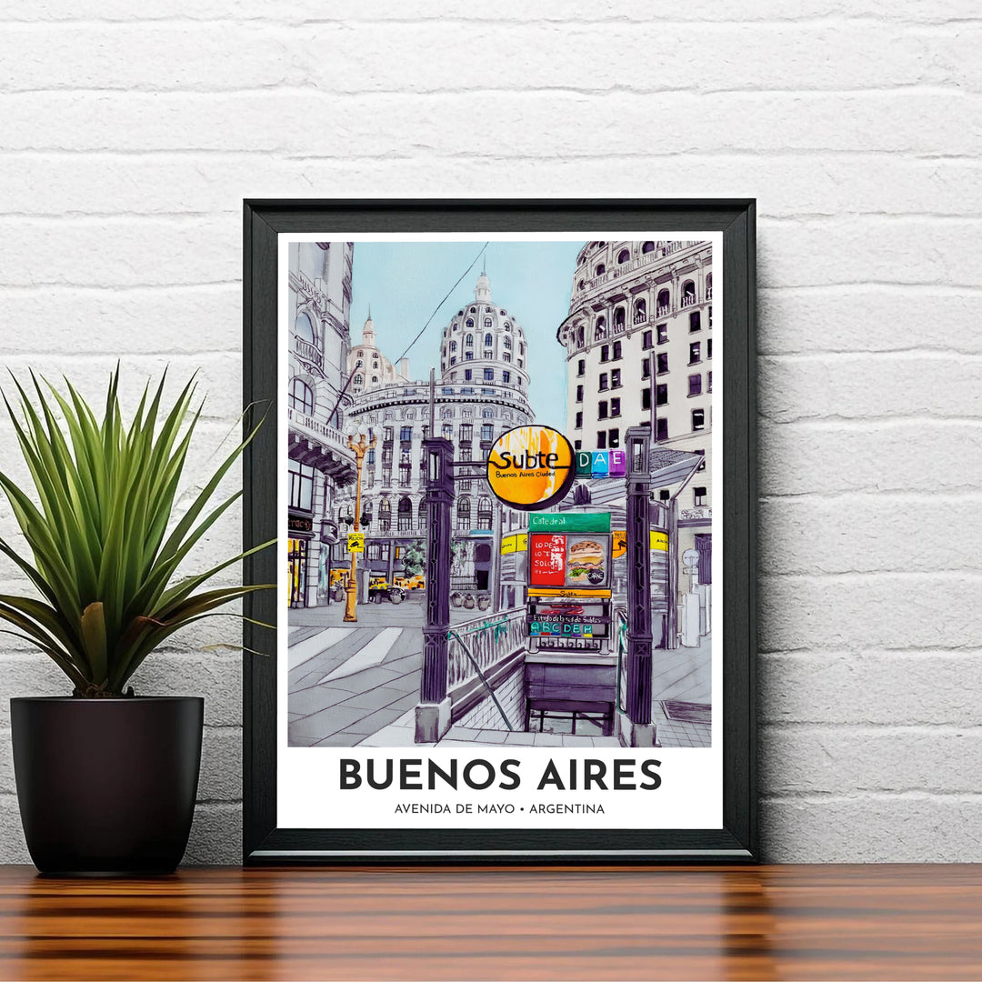 Ink and watercolor sketch of the Buenos Aires metro portal with yellow and amber highlights set against classic stone architecture. A signature piece from MapYourDreams, this artwork comes ready for display as unframed paper, framed art, or stretched canvas.