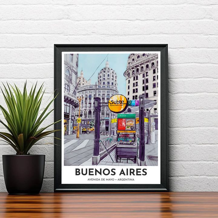 Ink and watercolor sketch of the Buenos Aires metro portal with yellow and amber highlights set against classic stone architecture. A signature piece from MapYourDreams, this artwork comes ready for display as unframed paper, framed art, or stretched canvas.