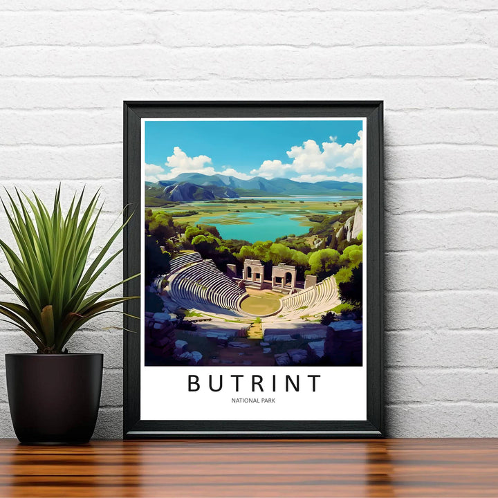 Elegant Butrint travel poster boasting emerald green, sandstone beige, and turquoise blue tones, ideal for living room wall decoration, offices, or entryways. Offered by MapYourDreams, this artwork is available in flexible options including unframed paper, custom wooden frames, and gallery canvas wraps.