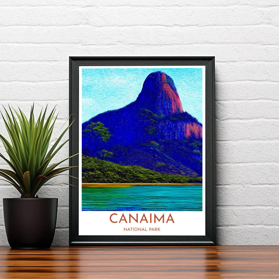 Fine art travel poster featuring margin headers reading CANAIMA NATIONAL PARK beneath an expressive painterly mountain print. Available directly from MapYourDreams, this print comes in versatile mediums including roll-packed paper, custom frames, or canvas wraps.