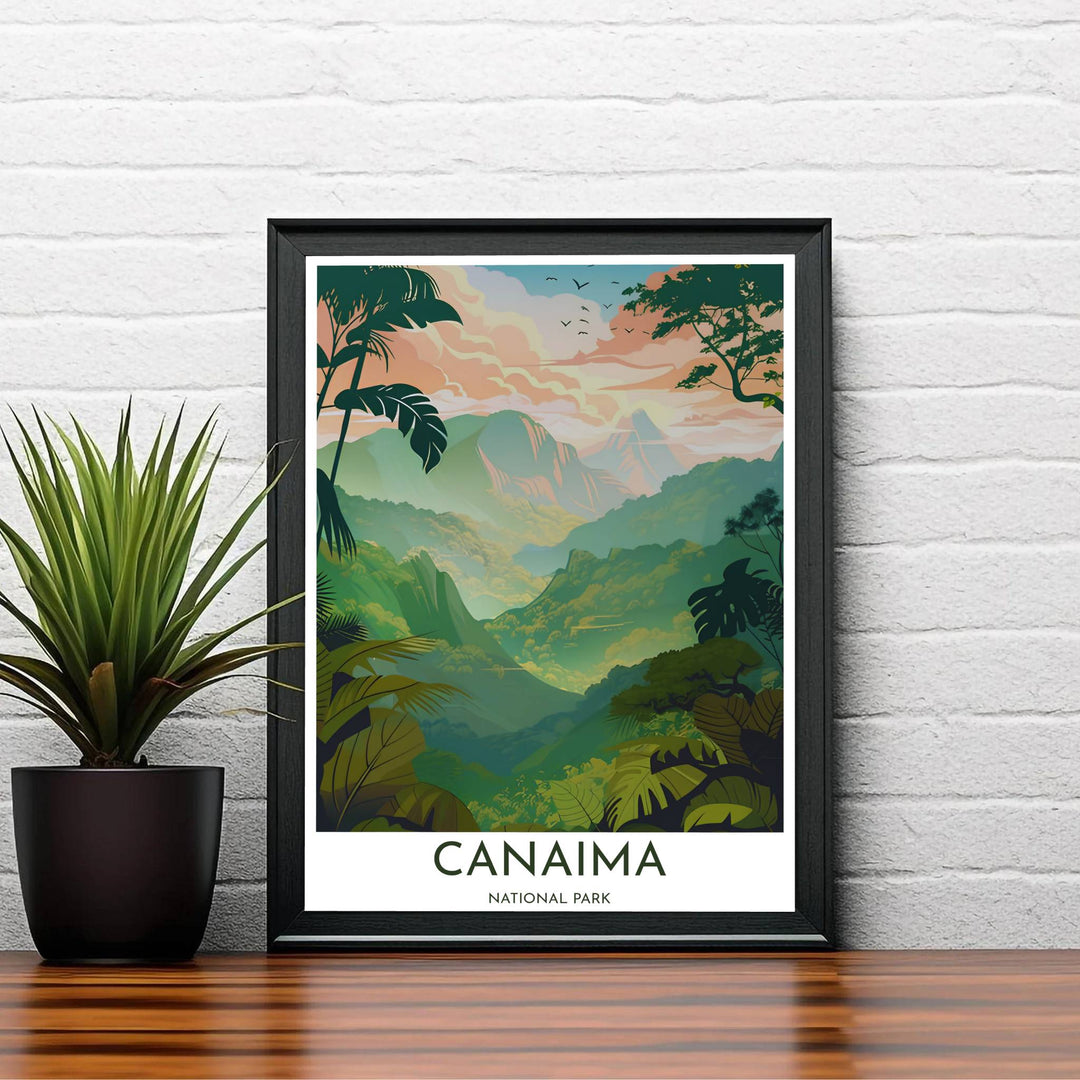 Tranquil tropical landscape print of Canaima designed for modern bedrooms, living rooms, and botanical office decor. A signature piece from MapYourDreams, this artwork comes ready for display as unframed paper, framed art, or stretched canvas.