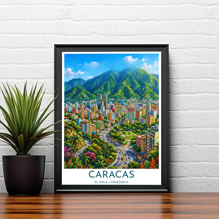 Fine art travel poster featuring margin headers reading CARACAS EL ÁVILA VENEZUELA beneath a detailed city landscape illustration. Available directly from MapYourDreams, this print comes in versatile mediums including roll-packed paper, custom frames, or canvas wraps.
