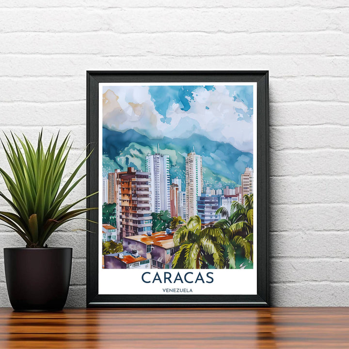 Fine art travel poster featuring margin typography reading CARACAS VENEZUELA beneath a breezy watercolor mountain city painting. Available directly from MapYourDreams, this print comes in versatile mediums including roll-packed paper, custom frames, or canvas wraps.