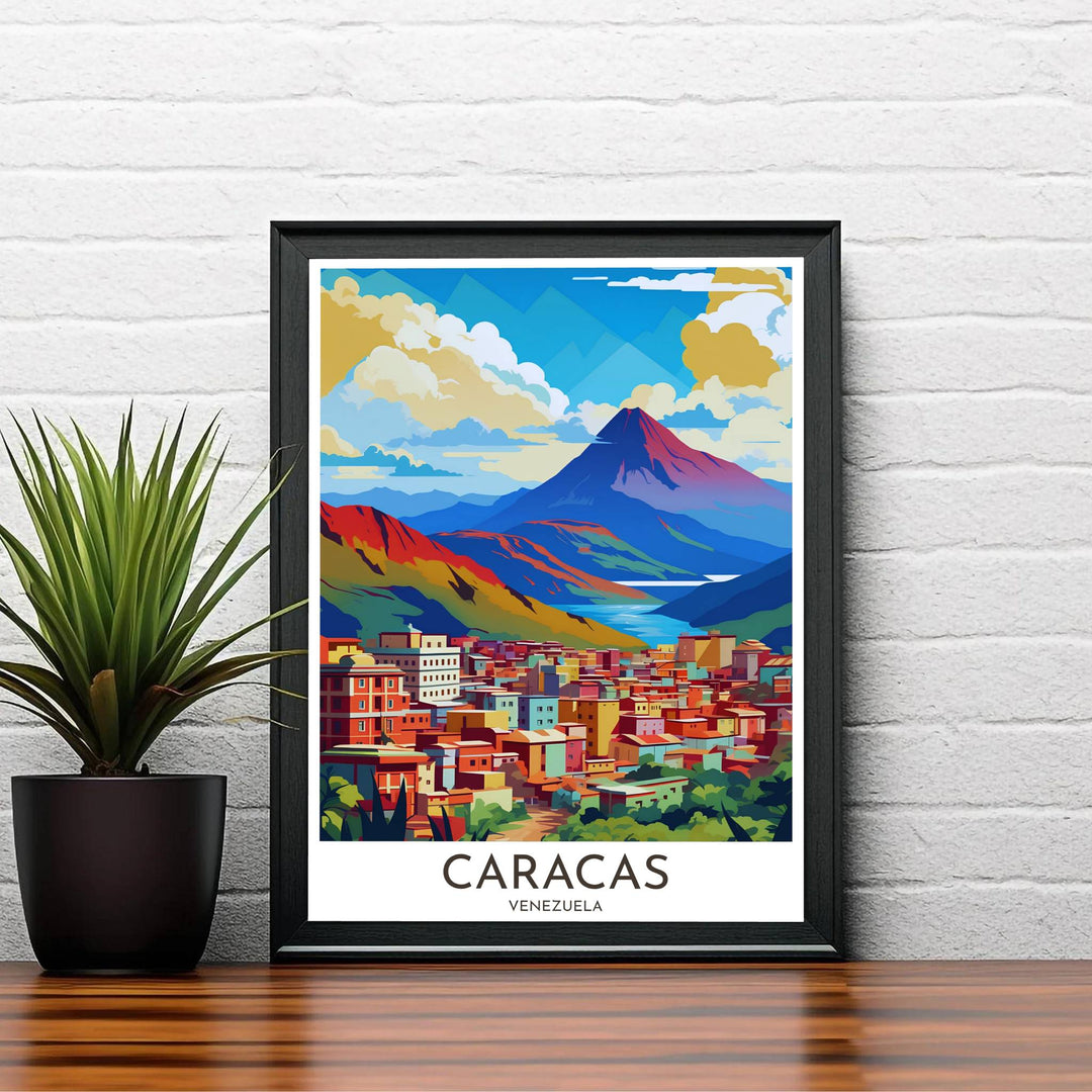 Vibrant mid-century style mountain print of Caracas designed for modern living rooms, creative studios, and bedroom wall decor. A signature piece from MapYourDreams, this artwork comes ready for display as unframed paper, framed art, or stretched canvas.