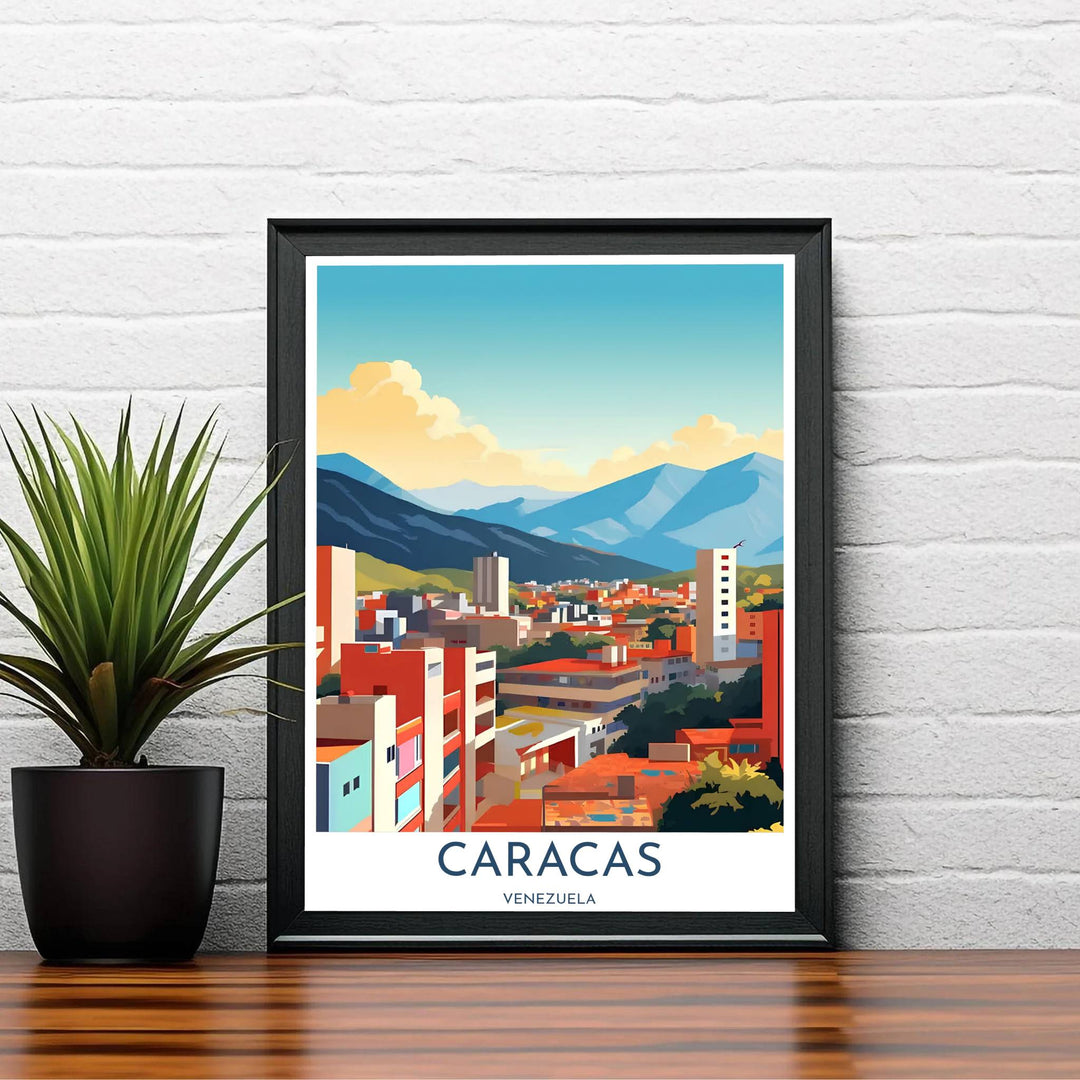 Elegant mountain cityscape poster depicting terracotta red buildings and deep indigo mountain shadows in central Venezuela. Created by MapYourDreams, this artwork is adaptable for any interior in unframed prints, solid wooden frames, or gallery canvas wraps.
