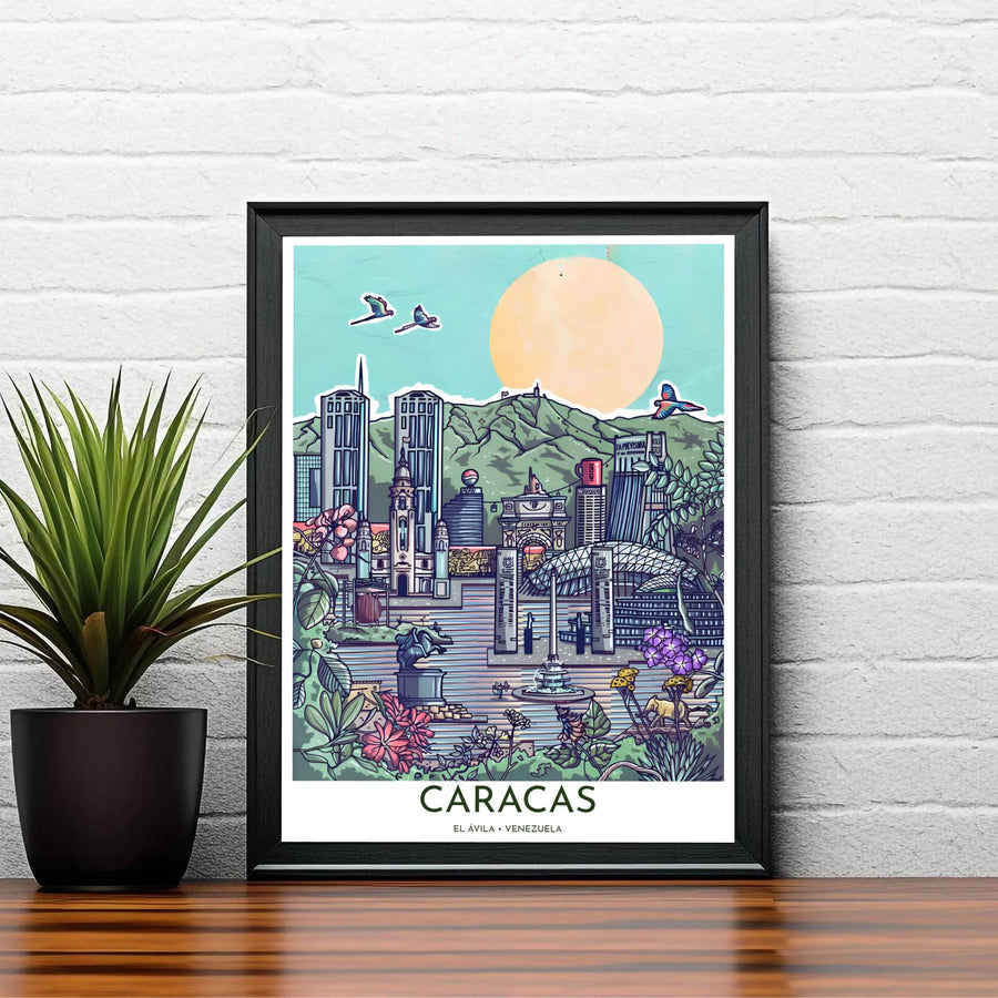 Fine art travel poster featuring margin headers reading CARACAS EL ÁVILA VENEZUELA beneath a pop art city skyline collage. Available directly from MapYourDreams, this print comes in versatile mediums including roll-packed paper, custom frames, or canvas wraps.
