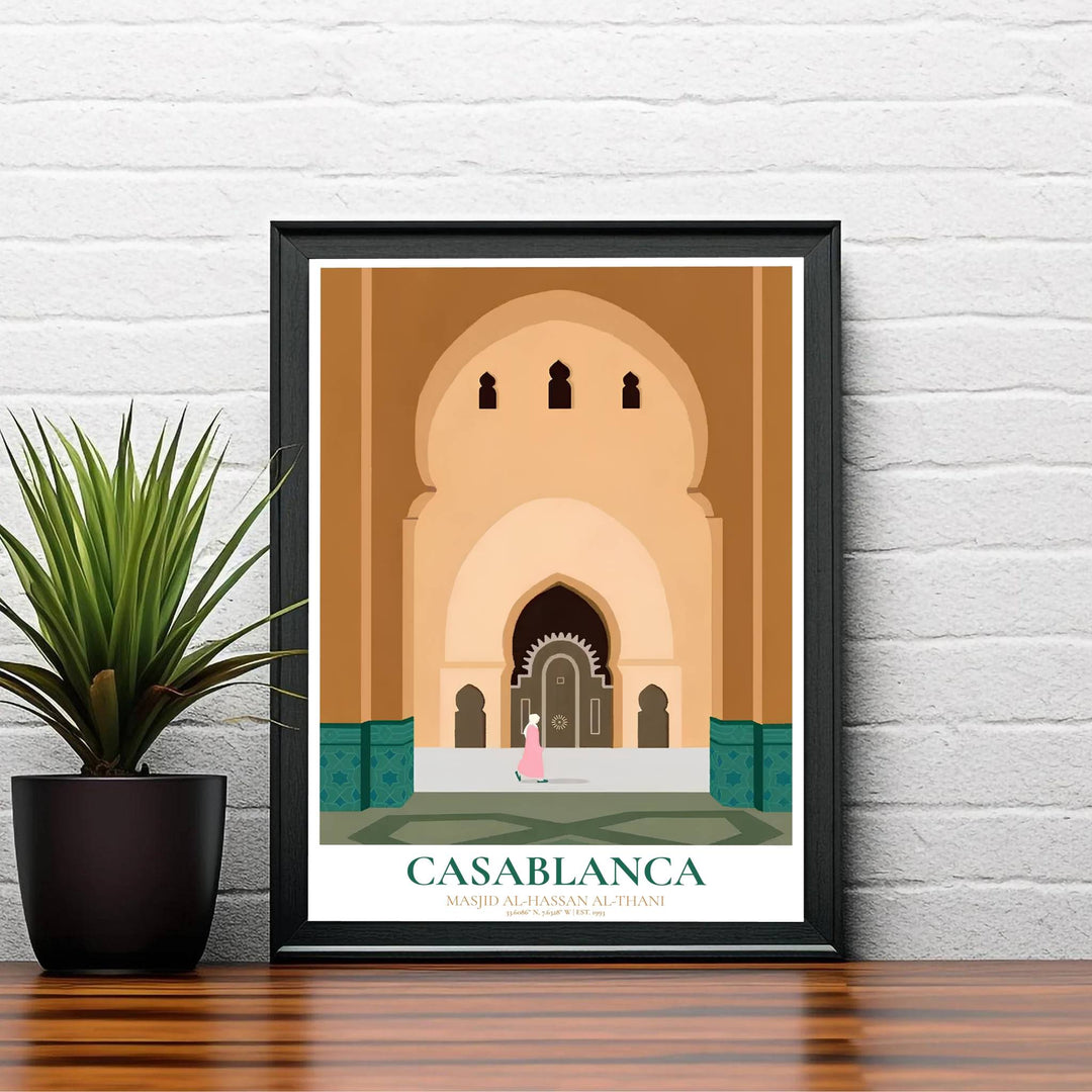 Classical Moorish architecture poster featuring Hassan II Mosque in Casablanca Morocco in a clean graphic vector layout. Supplied by MapYourDreams, this artwork is available in flexible options including unframed paper, custom wooden frames, and gallery canvas wraps for stylish decor.