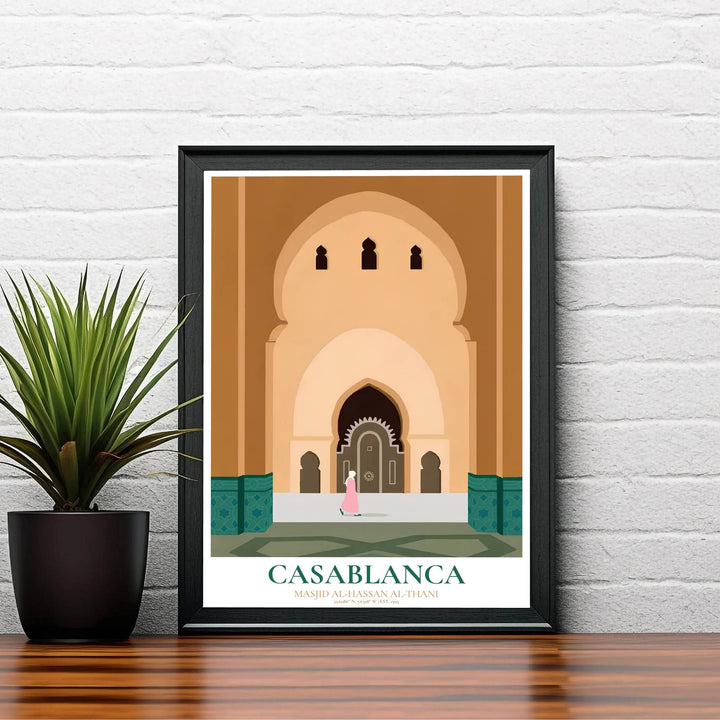 Classical Moorish architecture poster featuring Hassan II Mosque in Casablanca Morocco in a clean graphic vector layout. Supplied by MapYourDreams, this artwork is available in flexible options including unframed paper, custom wooden frames, and gallery canvas wraps for stylish decor.