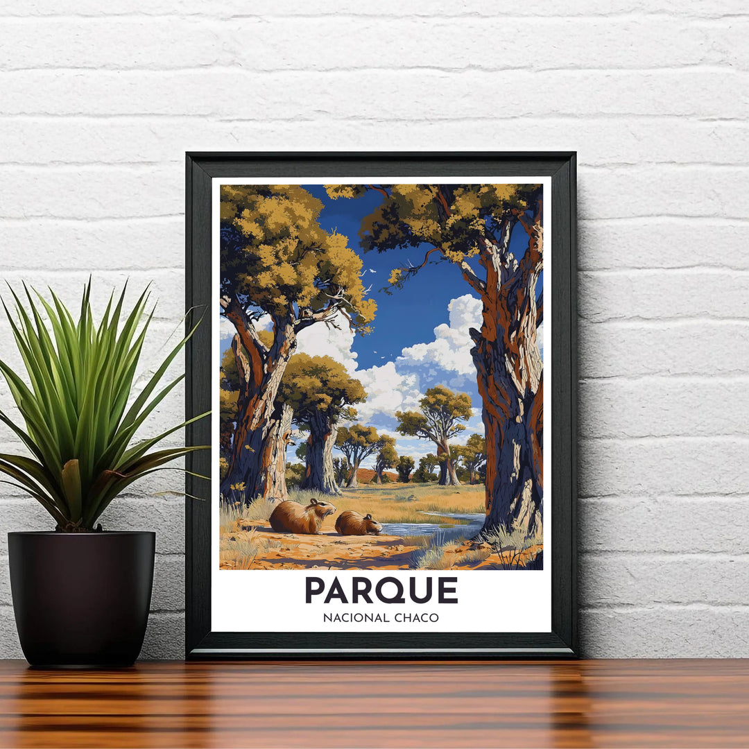 Earthy landscape artwork depicting a quiet savanna waterhole with capybaras and tall woodland trees in Argentina. A signature piece from MapYourDreams, this artwork comes ready for display as unframed paper, framed art, or stretched canvas.