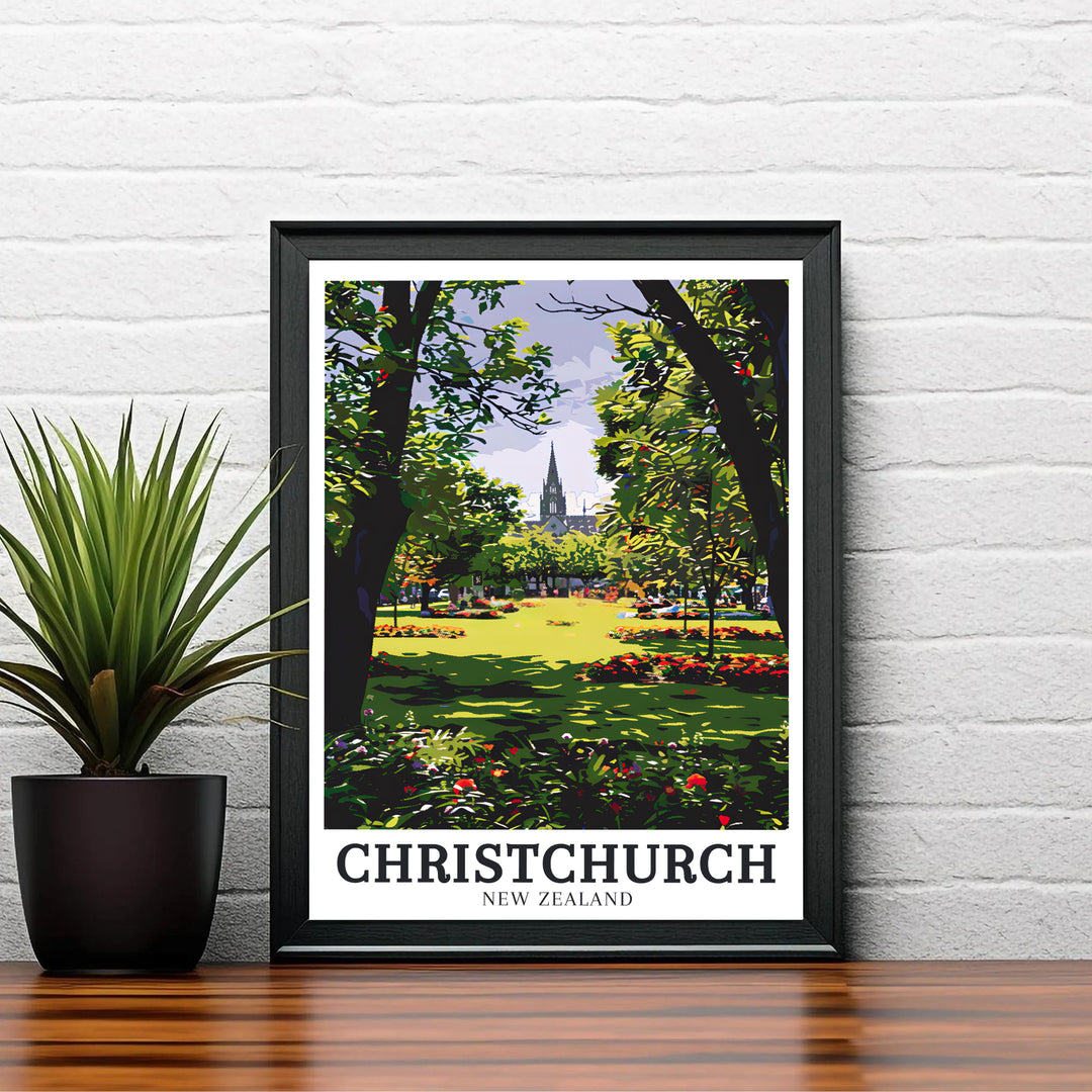 Rich canopy greens and warm sunlight accents combine in this Christchurch Botanic Gardens New Zealand travel poster design. Choose tailored framed, unframed, and canvas print options at MapYourDreams.