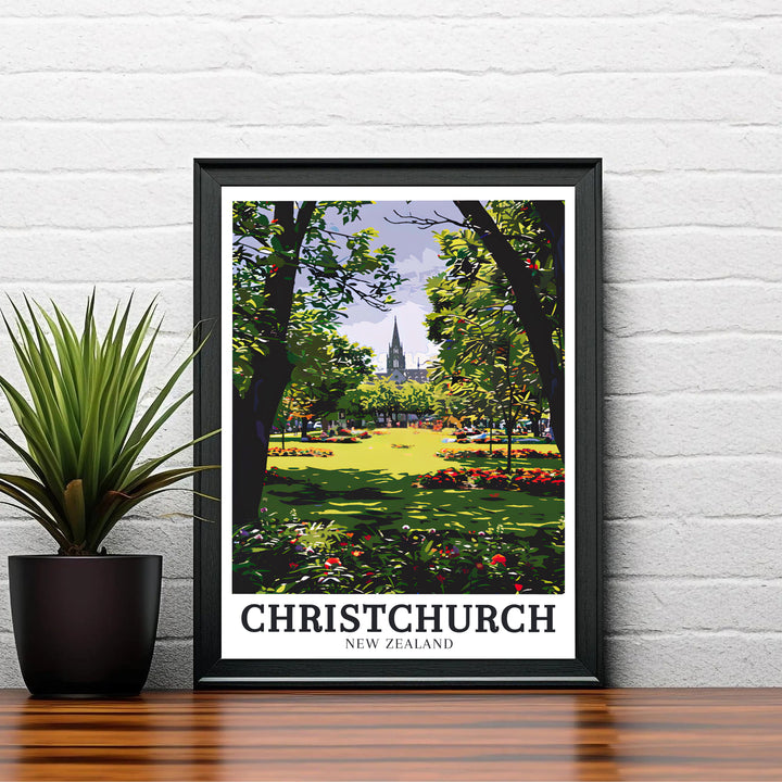 Rich canopy greens and warm sunlight accents combine in this Christchurch Botanic Gardens New Zealand travel poster design. Choose tailored framed, unframed, and canvas print options at MapYourDreams.