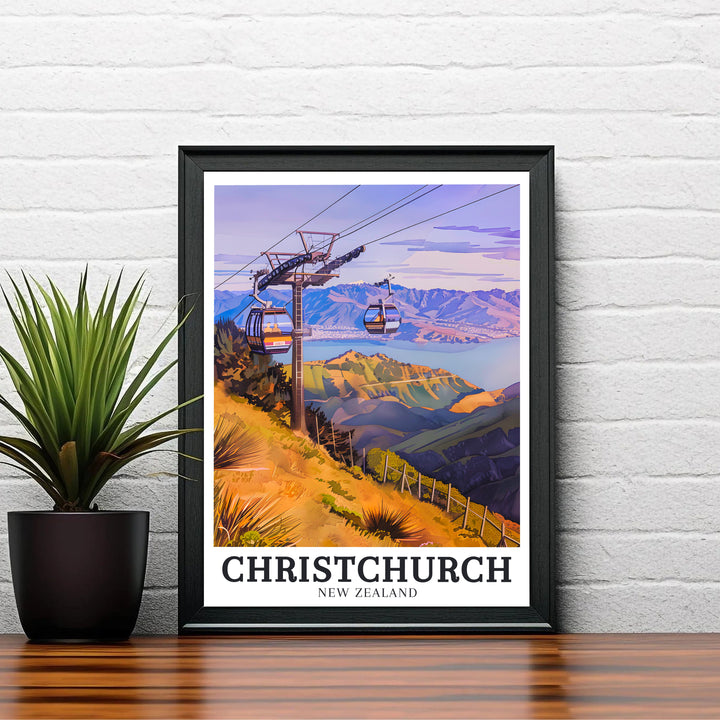 Rich golden amber and violet mountain tones over Port Hills and Lake Ellesmere combine in this ChristChurch travel print design. Choose tailored framed, unframed, and canvas poster formats at MapYourDreams.