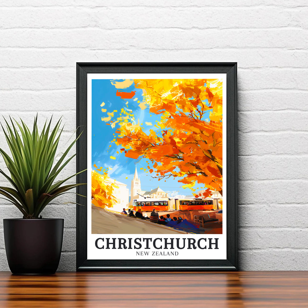 Bright orange foliage contrasts with a turquoise blue sky in this Christchurch Heritage Trams travel print design. Choose tailored framed, unframed, and canvas poster formats at MapYourDreams.