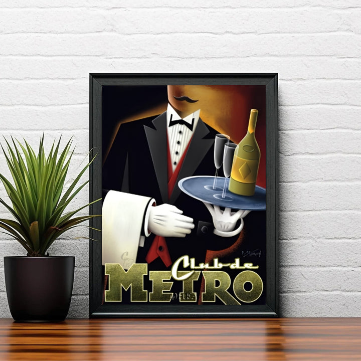 French Deco bar wall art displaying a dapper waiter in a red vest and bow tie serving champagne flutes at Club de Metro, offered by MapYourDreams where options include unframed paper prints, gallery wrapped canvas decor, or custom frame styling designed to enhance home cellars.