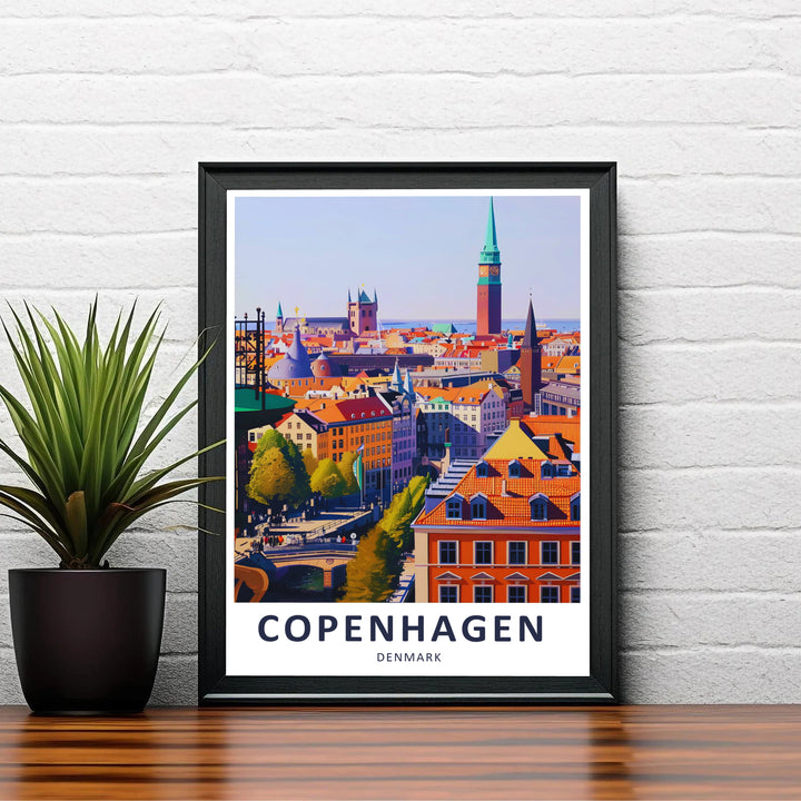 Historic Old Town Copenhagen view print with iconic copper green towers and tiled roofs. Offered by MapYourDreams, this artwork is available in flexible options including unframed paper, custom wooden frames, and gallery canvas wraps.