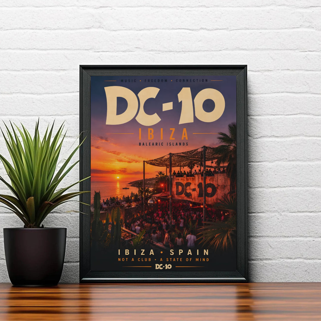 Mediterranean summer party artwork depicting palm trees, golden sun, and open-air venue at DC-10 in Ibiza, Spain, provided by MapYourDreams with options like unframed paper, gallery canvas, or custom frames in natural wood, pure gold, and retro white.