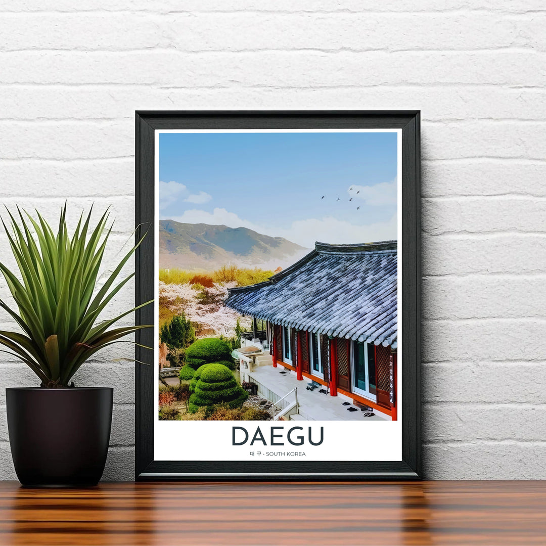 Tranquil Asian sanctuary wall art depicting Donghwasa Temple in Daegu, South Korea, featuring traditional lattice doors, bright orange support posts, and manicured garden paths. Offered by MapYourDreams, this artwork is available in flexible options including unframed paper, custom wooden frames, and gallery canvas wraps.
