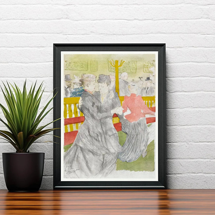 Vintage Parisian ballroom print of Dance At The Moulin Rouge (1897), Henri de Toulouse-Lautrec created during the golden age of Montmartre in Paris, France. Shop high-definition framed prints, unframed poster art, and stretched canvas choices directly at MapYourDreams for elegant displays.
