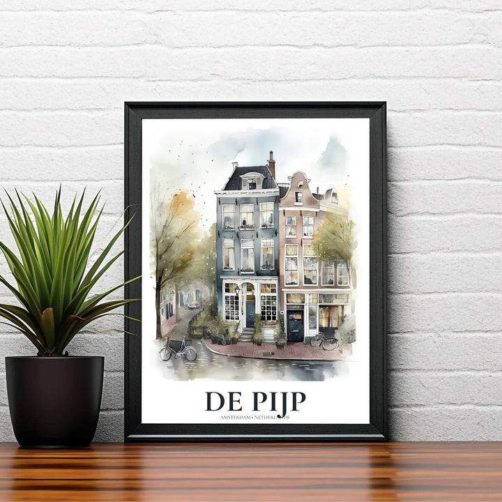 Soft slate blue and ochre city poster of historic Dutch townhouses in the De Pijp district of Amsterdam, provided by MapYourDreams with available options like unframed paper prints, gallery canvas, or custom frame finishes in natural wood, pure gold, and bronze for home offices.