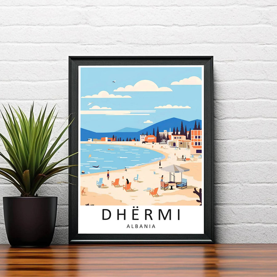 Elegant Dhërmi beach poster boasting soft peach, turquoise blue, and sunny sky tones, ideal for living room wall decoration, beach houses, or bedrooms. Offered by MapYourDreams, this artwork is available in flexible options including unframed paper, custom wooden frames, and gallery canvas wraps.
