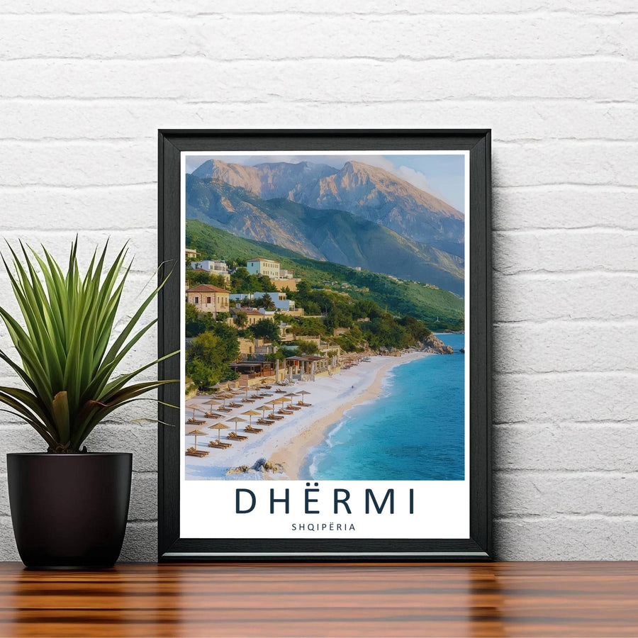 Golden sunlight bathes the coastal village and towering mountain slopes overlooking Dhërmi Beach in this vibrant European photography piece. Order this artwork in your preferred style, such as an unframed paper print, a sleek wood frame, or a stretched canvas wrap.