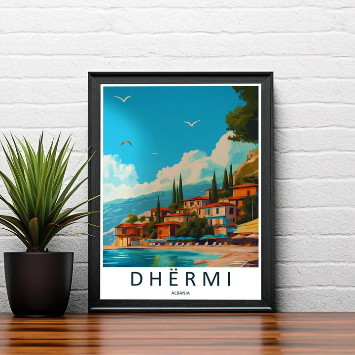 A bright coastal color scheme highlights beach umbrellas and blue sea waters along the Dhërmi shoreline in this fine art travel print. Offered by MapYourDreams, this artwork is available in flexible options including unframed paper, custom wooden frames, and gallery canvas wraps.