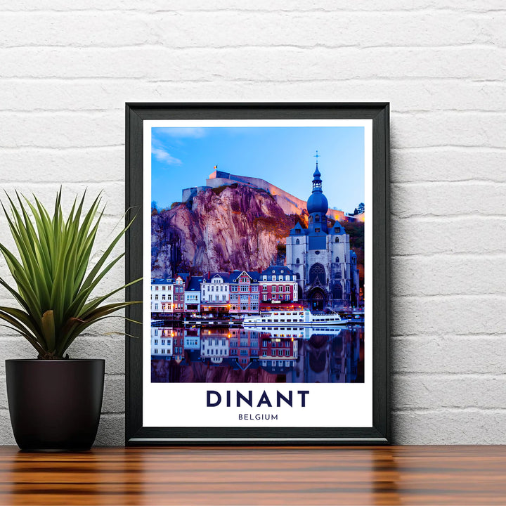 Vivid travel photo print showcasing the bulbous dome spire of the Collegiate Church in Dinant, Belgium. Choose your preferred finish from standalone unframed matte paper, custom decorative frames, or ready-to-hang gallery canvas options.