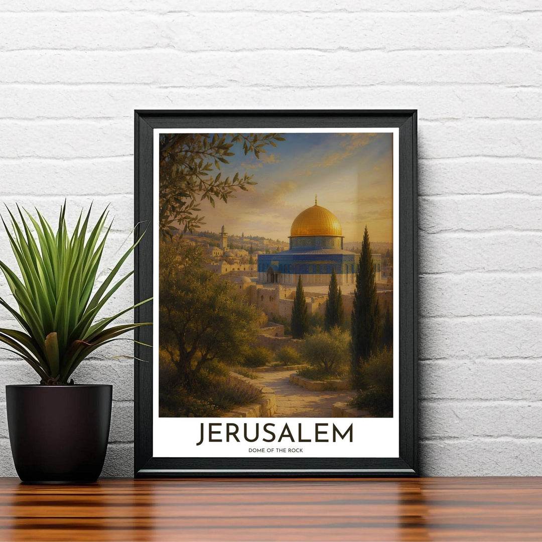 Classical Islamic architecture landscape poster featuring Dome of the Rock in Jerusalem surrounded by leafy olive branches. Supplied by MapYourDreams, this artwork is available in flexible options including unframed paper, custom wooden frames, and gallery canvas wraps for stylish decor.