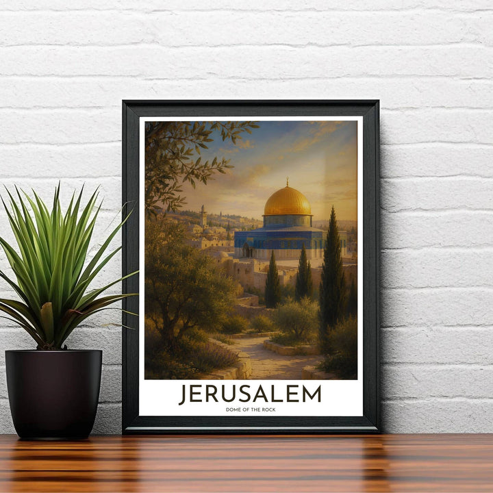 Classical Islamic architecture landscape poster featuring Dome of the Rock in Jerusalem surrounded by leafy olive branches. Supplied by MapYourDreams, this artwork is available in flexible options including unframed paper, custom wooden frames, and gallery canvas wraps for stylish decor.