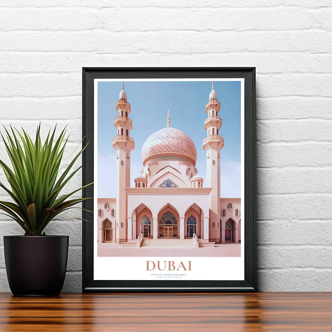 Classical Islamic architecture vector poster featuring Jumeirah Mosque in Dubai UAE in a clean minimalist layout. Supplied by MapYourDreams, this artwork is available in flexible options including unframed paper, custom wooden frames, and gallery canvas wraps for stylish decor.