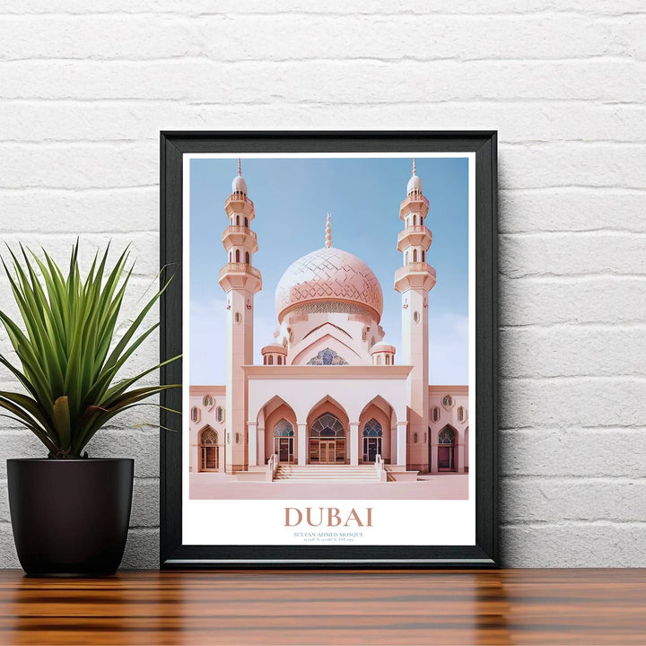 Classical Islamic architecture vector poster featuring Jumeirah Mosque in Dubai UAE in a clean minimalist layout. Supplied by MapYourDreams, this artwork is available in flexible options including unframed paper, custom wooden frames, and gallery canvas wraps for stylish decor.