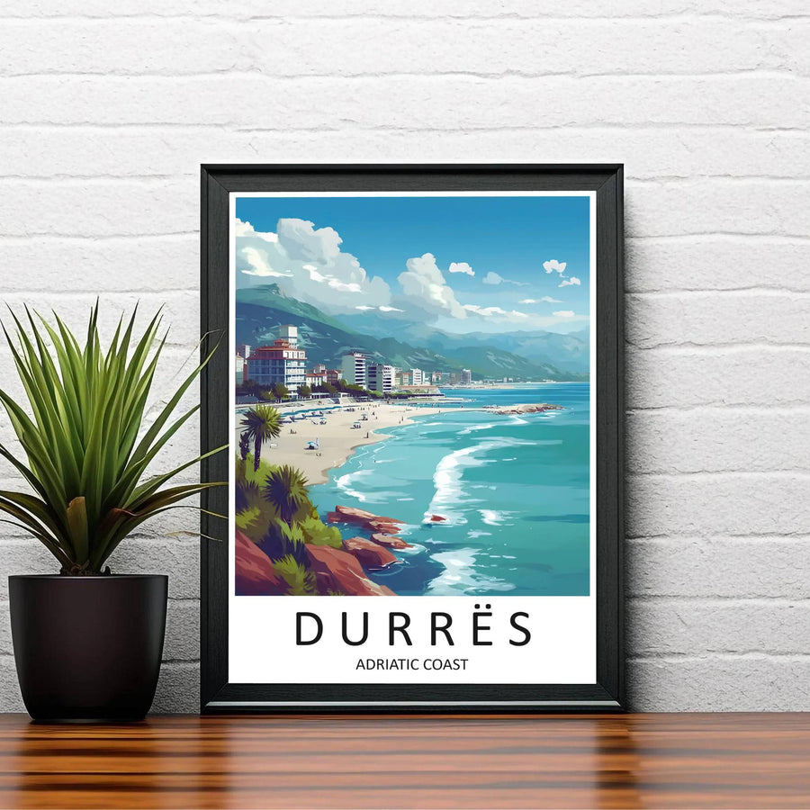 The sunny coastline of Durrës unfolds in vibrant turquoise and emerald tones in this fine art travel poster celebrating Albania’s port city. Order this print as an unframed paper print, a custom wooden frame, or a gallery-wrapped canvas.