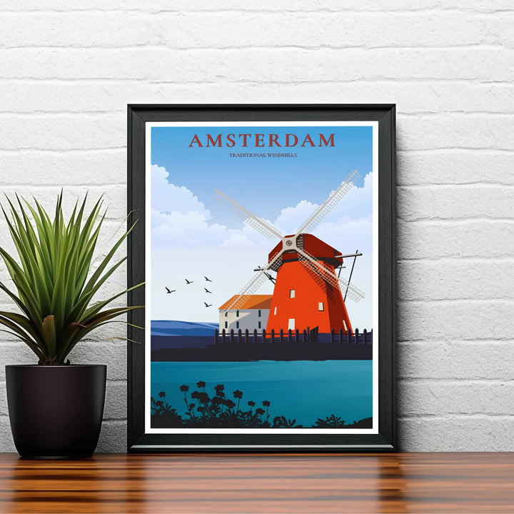 Artistic travel poster capturing iconic red windmill architecture along the waterfront in the Netherlands, available from MapYourDreams with catalog choices for an unframed archival poster, a stretched gallery canvas print, or a custom framed wall display tailored for home offices.